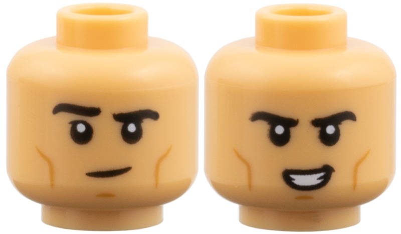 Minifigure, Head Dual Sided Black Eyebrows, Medium Nougat Cheek Lines, Chin Dimple, Lopsided Grin / Crooked Open Mouth Smile with Teeth Pattern: {умерен тан}