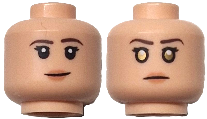 Minifigure, Head Dual Sided Female Dark Brown Thin Eyebrows, Black Double Eyelashes, Nougat Lips, Lopsided Grin / Stern with Gold Eyes Pattern: {светло нуга}