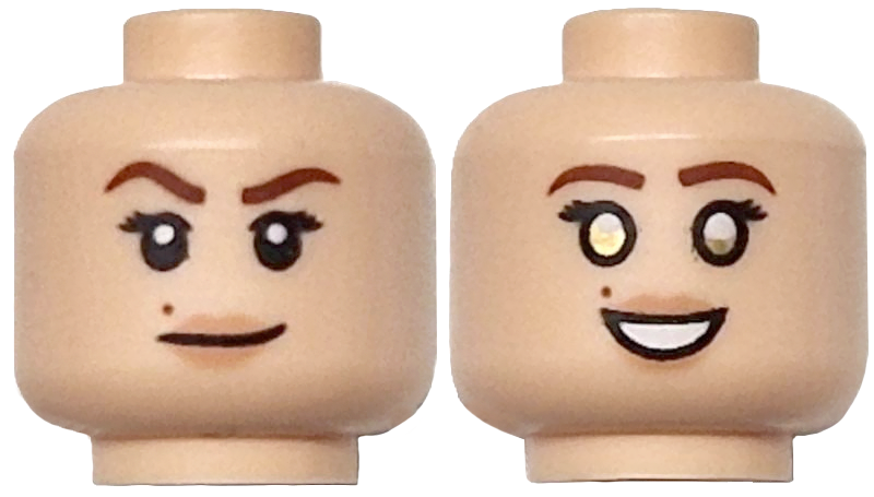 Minifigure, Head Dual Sided Female Reddish Brown Eyebrows, Black Long Eyelashes, Beauty Mark, Nougat Lips, Lopsided Grin / Open Mouth Smile with Teeth and Gold Eyes Pattern: {светло нуга}