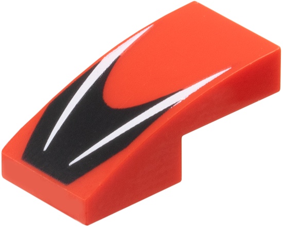 Slope, Curved 2 x 1 x 2/3 with 2 White Stripes on Black Chevron Pattern: {ярко червен}