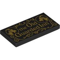 Tile 2 x 4 with Gold 'the Old Guarded Inn', Goats and Filigree Pattern: {черен}