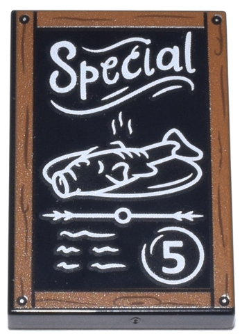 Tile 2 x 3 with Chalk Board with Dark Orange Frame with Wood Grain and Nails, White 'Special', Fish Platter, Scribbles and Number 5 Pattern: {черен}