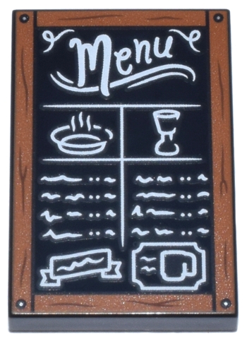 Tile 2 x 3 with Chalk Board with Dark Orange Frame with Wood Grain and Nails, White 'Menu', Food Items and Scribbles Pattern: {черен}