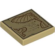 Tile 2 x 2 with Black Tattered Edge Border, Dark Tan Writing, Dark Red Bird Wing and Flying Machine Blueprint Pattern: {тухлено жълт}