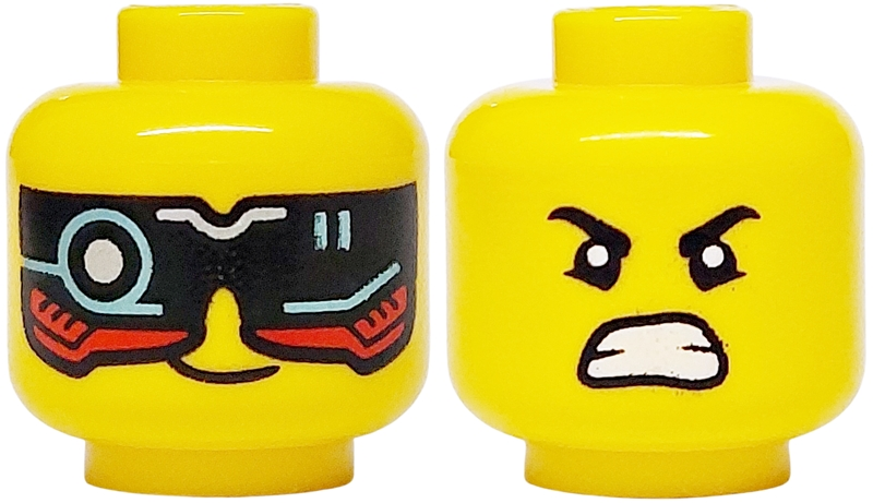 Minifigure, Head Dual Sided Black and Red Visor with Silver and Metallic Light Blue Circuitry, Lopsided Grin / Eyebrows, Bottom Eyelids, Angry Bared Teeth Pattern: {ярко жълт}