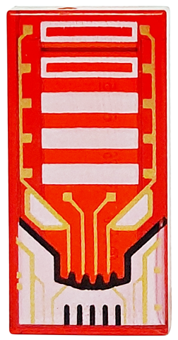 Tile 1 x 2 with Alien Robot Face with Gold Circuitry, Black Lines, White Eyes and Rectangles Pattern: {прозрачно червен}
