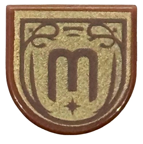 Tile, Round 1 x 1 Half Circle Extended with Dark Brown Letter E / M / W in Ornate Frame on Gold Background Pattern: {червеникаво-кафяв}