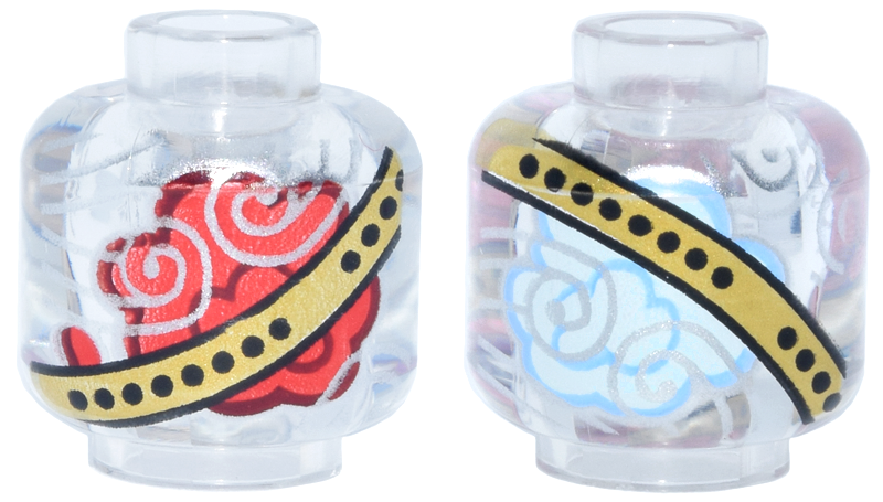 Minifigure, Head without Face with Gold Bands with Solid Black Dots, Silver Swirls, Red and Light Aqua Smoke on Opposite Sides Pattern (HP Remembrall): {прозрачен}