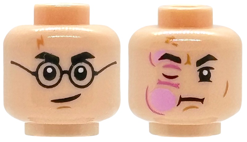 Minifigure, Head Dual Sided Black Eyebrows, Nougat Lightning Scar, Medium Nougat Chin Dimple, Smirk and Round Glasses / Bright Pink HP Stinging Jinx Cheek Swelling with Dark Pink Wrinkles, Closed Right Eye Pattern: {светло нуга}