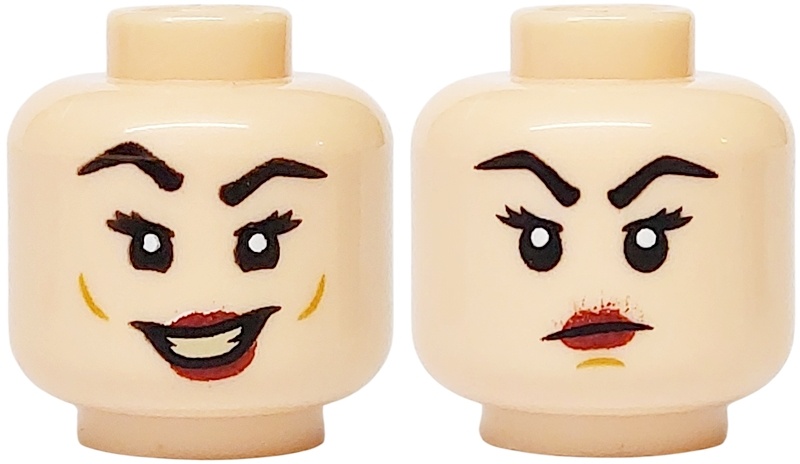 Minifigure, Head Dual Sided Female Black Eyebrows and Eyelashes, Dark Red Lips, Medium Nougat Cheek Dimples and Lopsided Open Mouth Smile with Teeth / Chin Dimple and Frown Pattern: {светло нуга}
