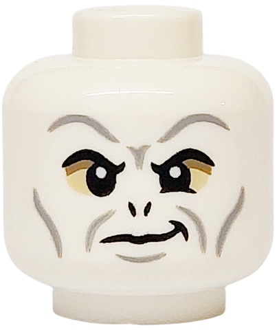 Minifigure, Head Alien with HP Voldemort Black Eyebrows and Nostrils, Light Bluish Gray Wrinkles, Dark Tan and Tan Eye Shadow, Smirk Pattern: {бял}