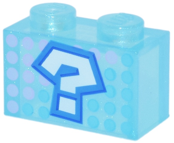 Brick 1 x 2 without Bottom Tube with White Question Mark with Dark Azure and Blue Outline, Dark Pink and Medium Azure Dots Pattern (Super Mario Item Box): {прозрачен светло син опал}