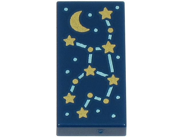 Tile 1 x 2 with Constellation with Metallic Light Blue Lines and Dots, Gold Stars and Crescent Moon Pattern: {земно син}