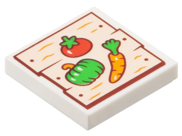 Tile 2 x 2 with Light Nougat Wood Grain Boards with Reddish Brown Nails and Red, Orange, and Bright Green Tomato, Paprika / Pepper, and Carrot Pattern: {бял}