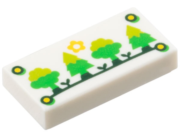 Tile 1 x 2 with Yellow Flower Sun and Nails and Lime, Bright Green, and Dark Green Trees Pattern: {бял}
