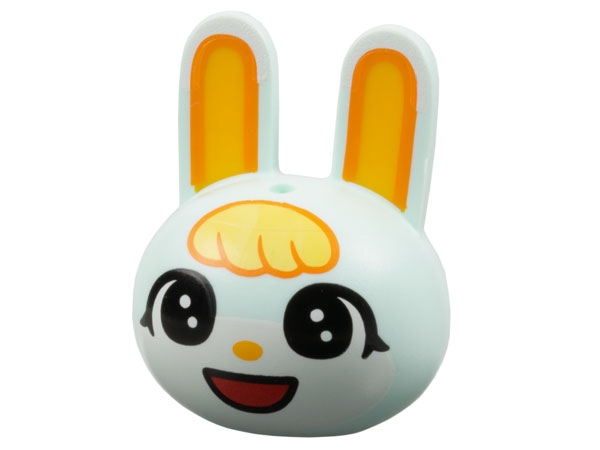 Minifigure, Head, Modified Bunny / Rabbit with Molded Bright Light Orange Inner Ears and Printed Bright Light Yellow Bangs, Large Black Eyes, White Face, Bright Light Orange Nose, Red Open Mouth Smile Pattern: {аквамарин}