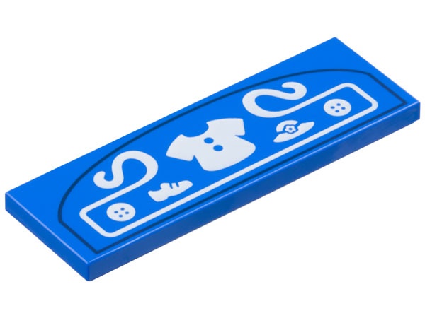 Tile 2 x 6 with Store Sign with White Shirt, Shoe, Hat, Buttons in Filigree and Dark Blue Border Pattern: {ярко син}