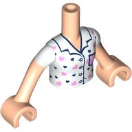 Torso Mini Doll Girl White Pajama Top with Hearts, Bright Pink Pocket, and Dark Blue Trim and Buttons Pattern, Light Nougat Arms with Hands with White Short Sleeves: {светло нуга}