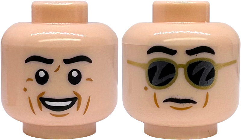 Minifigure, Head Dual Sided Black Eyebrows, Medium Nougat Wrinkles and Chin Dimple, Open Mouth Smile with Top Teeth / Stern with Gold Sunglasses Pattern: {светло нуга}