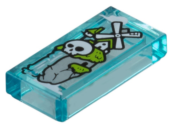 Tile 1 x 2 with Light Bluish Gray Rock, Lime Grass, White Windmill, Skull and Waterfall Pattern: {прозрачно светло син}