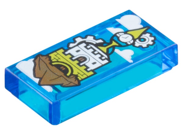 Tile 1 x 2 with White Clouds, Lime Castle and Clock Tower on Floating Rock Pattern: {прозрачно син}