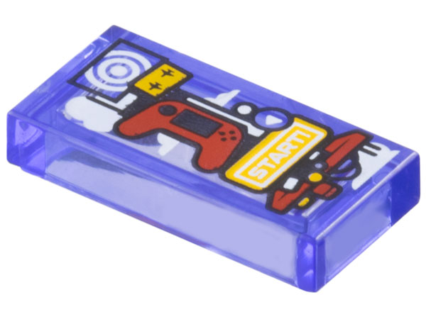 Tile 1 x 2 with Game System Tower with Red Controller, White Target and 'START!' Pattern: {прозрачно ярко синьо-виолетов}