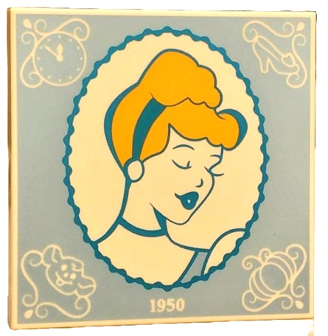 Tile 4 x 4 with Bright Light Orange and Dark Azure Cinderella Portrait in Oval Frame with White Filigree, '1950', Clock Face, Glass Slipper, Gus and Pumpkin on Bright Light Blue Background Pattern: {бял}