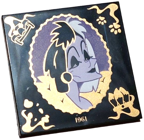Tile 4 x 4 with Lavender and Dark Purple Cruella De Vil Portrait in Scalloped Oval Frame with Gold Filigree, '1961', Panther De Ville Car, Dalmatian Dog Paws, Spots and Tails Handbag Pattern: {черен}
