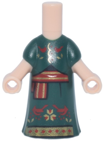 Micro Doll, Body with Molded Dark Green Dress and Printed Red, Black and Gold Striped Sash, Birds, Leaves and Trim Pattern: {светло нуга}