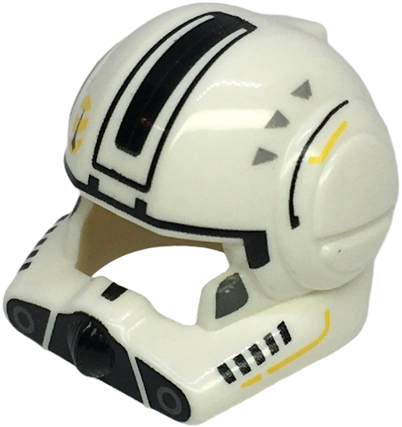 Minifigure, Headgear Helmet SW Clone Pilot with Open Visor with Black Stripe, Yellow Markings, Dark Bluish Gray Cheeks, Light Bluish Gray Triangles Pattern: {бял}