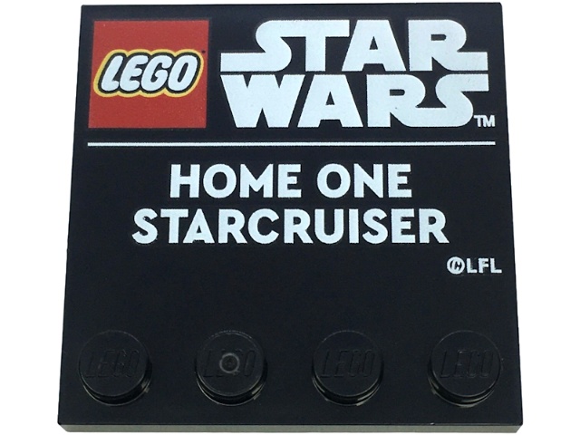 Tile, Modified 4 x 4 with Studs on Edge with LEGO Star Wars Logo and White 'HOME ONE STARCRUISER' Pattern: {черен}