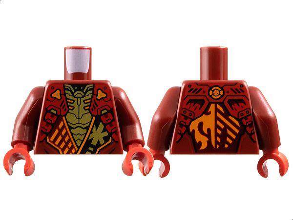 Torso Armored Tunic with Red Shoulder Panels, Orange Trim and Gold Ninjago Logogram Letter K over Chest Armor, Fire Dragon Logo on Back Pattern / Dark Red Arms / Red Hands: {нов тъмно червен}