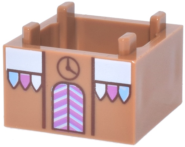 Container, Box 2 x 2 x 1 - Top Opening with Raised Inner Bottom with Gingerbread House, Bright Pink, Bright Light Blue and White Awning, Icing and Striped Door and Reddish Brown Clock Pattern: {умерен нуга}