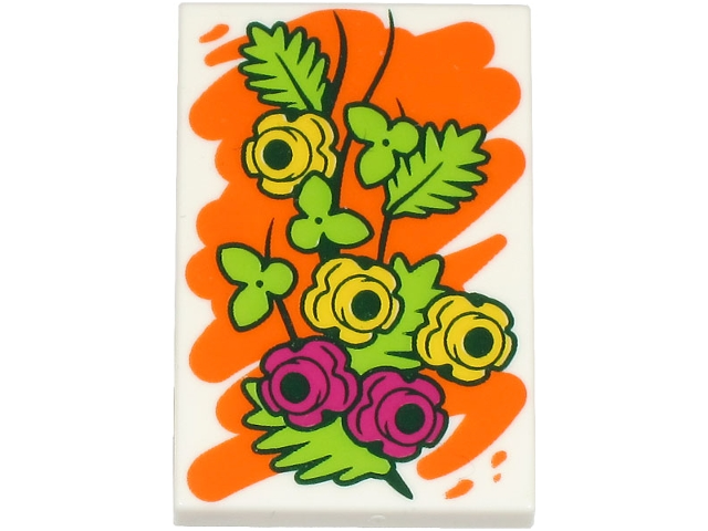 Tile 2 x 3 with Painting of Yellow and Magenta Flowers with Lime Leaves on Orange Background Pattern (BAM): {бял}