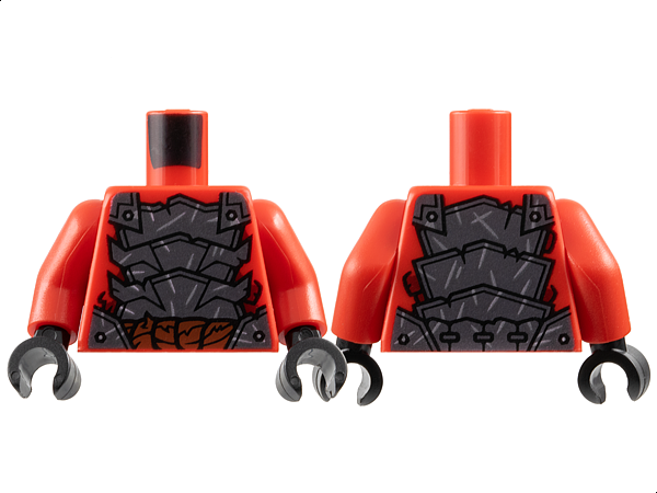 Torso Dark Silver Segmented Armor with Sharp Plates, Rivets and Silver Scratches over Dark Red Scales, Reddish Brown Thick Rope Belt Pattern / Red Arms / Black Hands: {ярко червен}