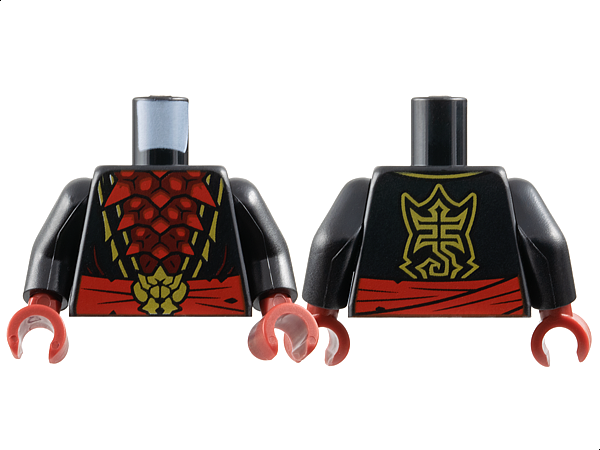 Torso Robe Open with Gold Trim over Dark Red Chest Exoskeleton Segments with Red Spikes, Waist Sash with Insect Head Buckle, Stylized Scorpion Logo on Back Pattern / Black Arms / Dark Red Hands: {черен}