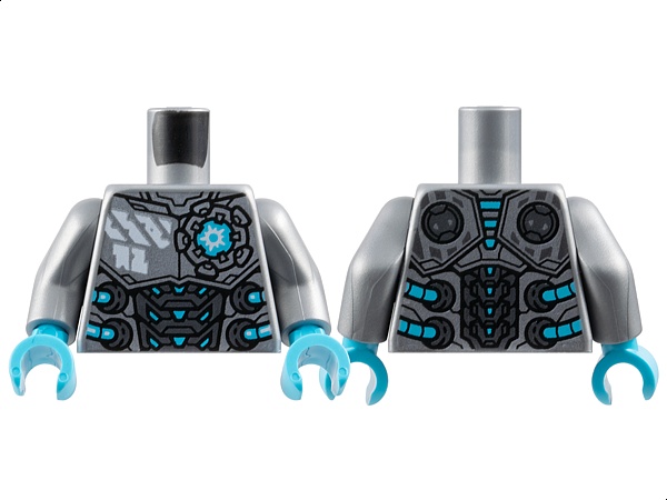 Torso Silver Chest and Dark Silver Abdomen Armor Plates, White Markings, Medium Azure Crystal, Hoses and Trim Pattern / Flat Silver Arms / Medium Azure Hands: {сребърно метален}
