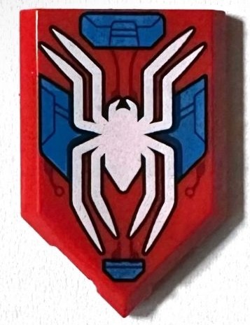 Tile, Modified 2 x 3 Pentagonal with White Spider, Blue Armor Plates, Dark Red Circuitry Pattern: {ярко червен}