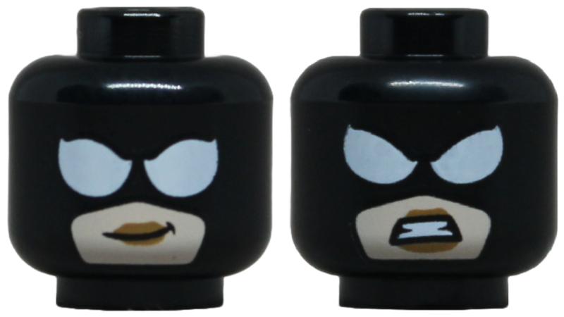 Minifigure, Head Dual Sided Female Balaclava with Large White Eyes over Light Nougat Face with Medium Nougat Lips, Lopsided Grin / Angry Bared Teeth Pattern: {черен}