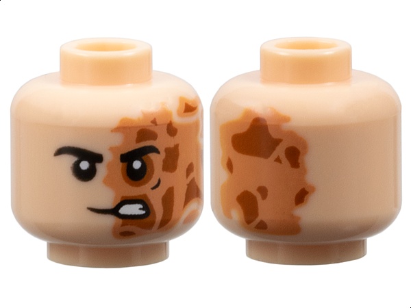 Minifigure, Head Black Eyebrows, Nougat and Dark Orange Burned and Scarred Left Side, Lopsided Open Mouth Scowl with Teeth Pattern: {светло нуга}