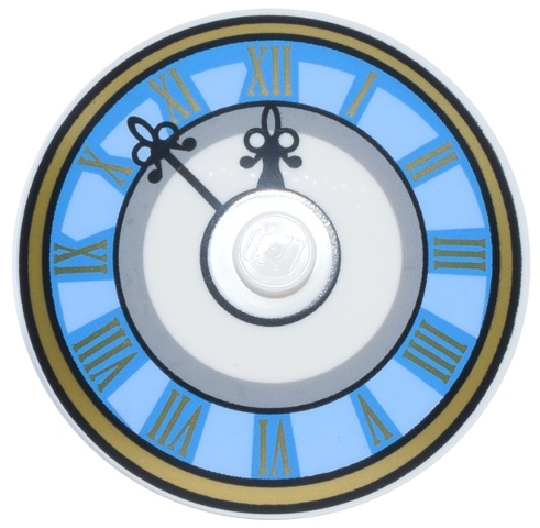 Dish 4 x 4 Inverted (Radar) with Solid Stud with Bright Light Blue and Dark Azure Clock Face with Black Hands and Gold Roman Numerals and Border Pattern: {бял}