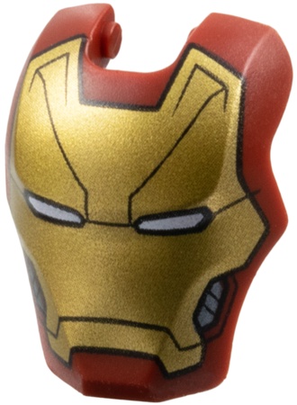 Minifigure, Visor Top Hinge Large with Gold Face Shield, White Eyes, Dark Silver Trim on Cheeks, Black Diagonal Forehead Lines Pattern (Iron Man Mark 46): {нов тъмно червен}