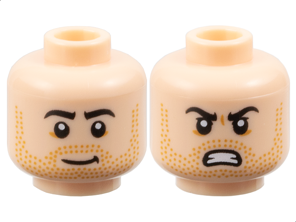Minifigure, Head Dual Sided Black Eyebrows, Medium Nougat Beard Stubble, Slightly Lopsided Grin / Angry Bared Teeth and Upper Eyelids Pattern: {светло нуга}