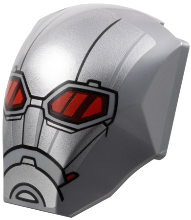 Large Figure Armor, Smooth with 2 x 2 Round Brick Attachment with Silver Armor Plates, Glasses with Red Lenses and Dark Red Reflections, Black Lines on Forehead (Ant-Man Head): {сребърно метален}