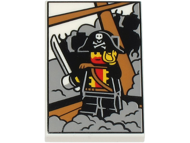 Tile 2 x 3 with Picture of Pirate Captain Minifigure on Ship with Rigging, Light Bluish Gray Fog and Black Minifigure Silhouettes Pattern (BAM): {бял}