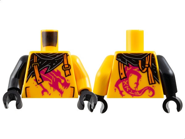 Torso Shirt with Pockets and Painted Magenta Dragon, Black Tattered Scarf, Orange Broken Suspenders with Gold Slides Pattern / Bright Light Orange Arm Left / Black Arm Right / Black Hands: {огнено жълто-оранжев}