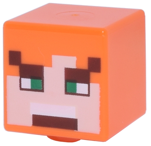 Minifigure, Head, Modified Cube with Pixelated Light Nougat Face, Green Eyes, Reddish Brown Eyebrows and Angry Open Mouth with Top Teeth Pattern (Minecraft Alex): {ярко оранжев}