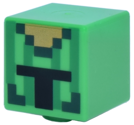 Minifigure, Head, Modified Cube with Pixelated Dark Green and Gold Helmet with Vertical Green Stripes and Black Opening Pattern (Minecraft Cactus Knight): {ярко зелен}