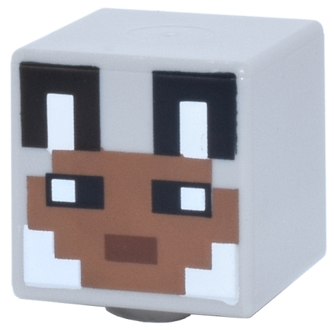 Minifigure, Head, Modified Cube with Pixelated Medium Brown Face, Black Eyes, Reddish Brown Mouth, Ears with White Auricles, Fur on Cheeks Pattern (Minecraft Wolf Skin): {умерено каменно сив}