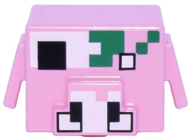Minifigure, Head, Modified Cube with Ear Flaps and Snout with Pixelated White Eye, Tusks and Skull, Black Eye Socket and Nostrils, Green Decaying Flesh Pattern (Minecraft Zombified Piglin): {светло пурпурен}